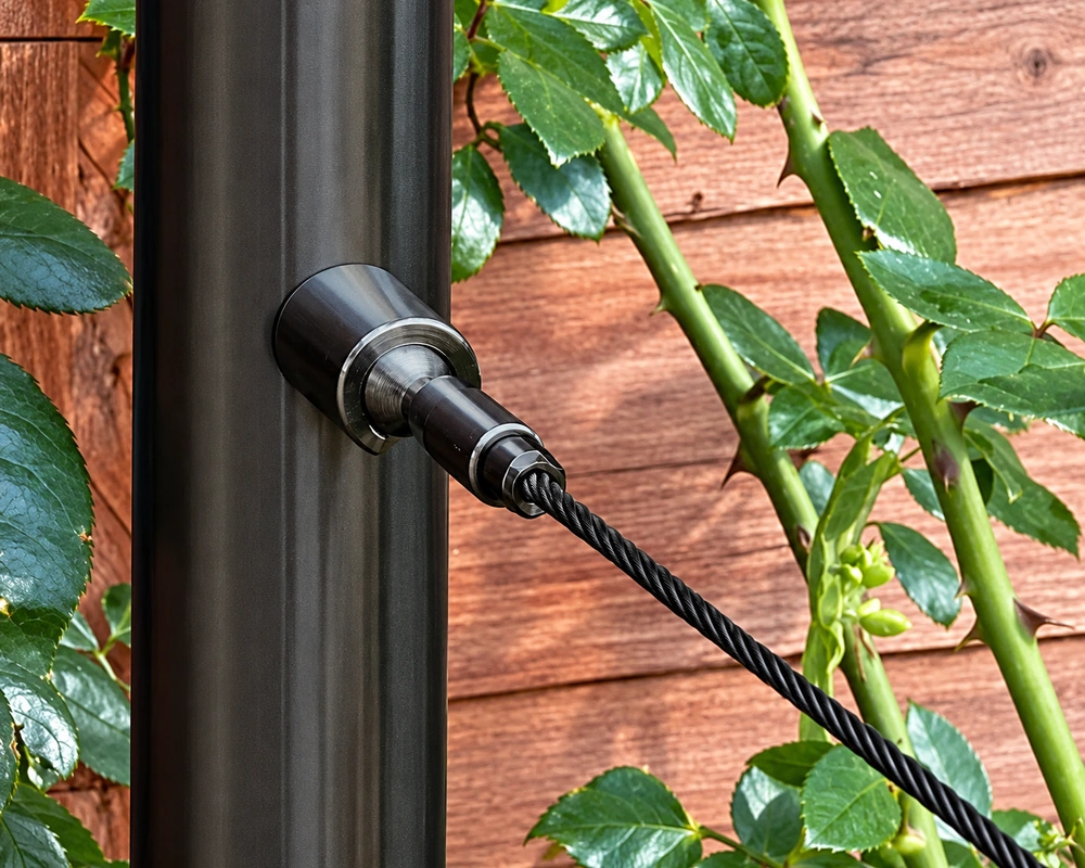 Black wire balustrade cable termination fitted to a black post Black wire balustrade cable termination fitted to a black post