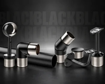 Black modular balustrade handrail brackets, tube connectors and fittings