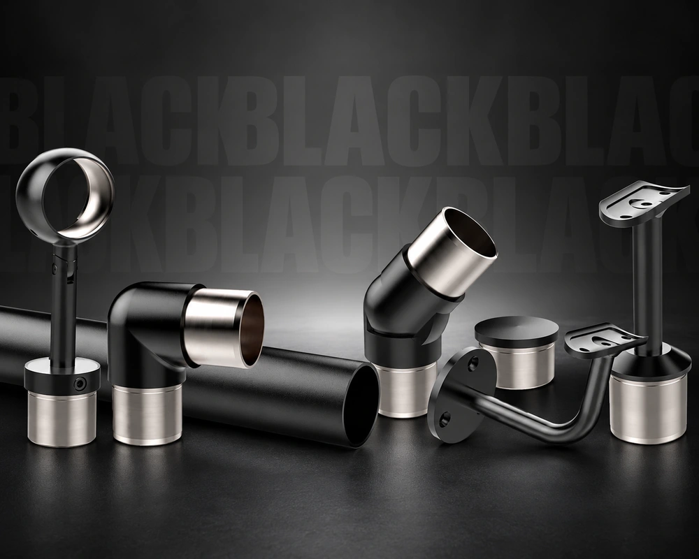 Black Wire Railing Balustrade – modular components Black modular balustrade handrail brackets, tube connectors and fittings