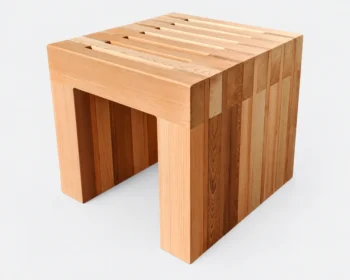 Slatted cedar stool showing the seat and timber corner joints