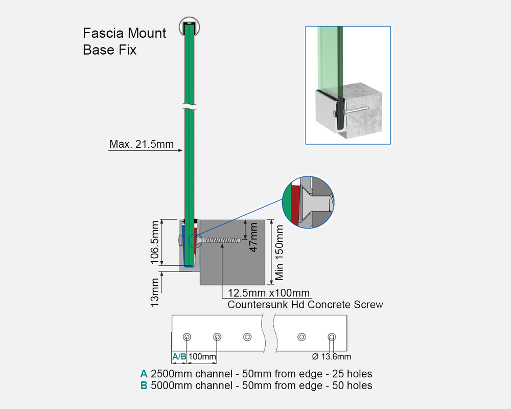 Slim-Loc fascia-mount glass balustrade installation detail Slim-Loc fascia-mount glass balustrade installation detail