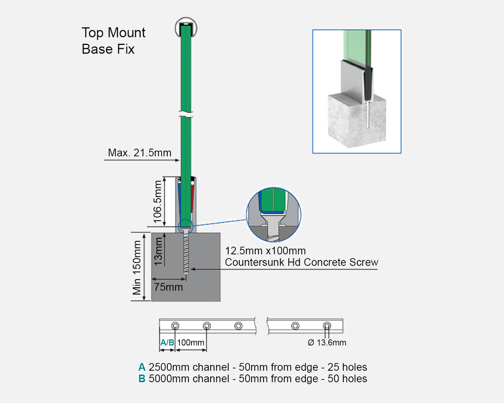 Slim-Loc top-mount glass balustrade installation detail Slim-Loc top-mount glass balustrade installation detail